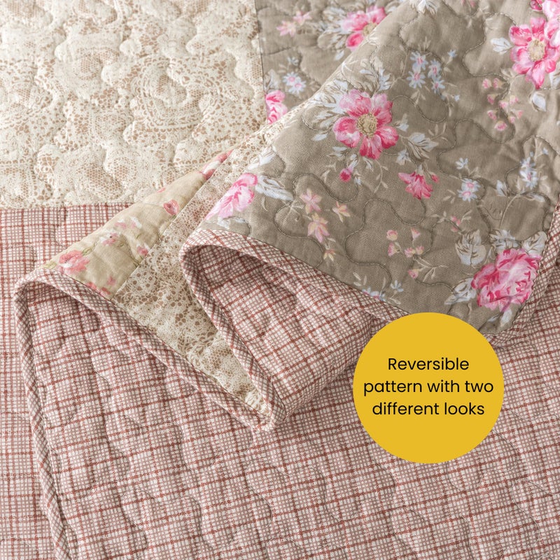 SLPR Secret Garden Patchwork Cotton Pieced Quilt Set - Twin with 1 Sham, Country Shabby Chic Bedding with Flower Pattern, Pink Floral Farmhouse Quilted Bedspread for All Seasons - Image 5